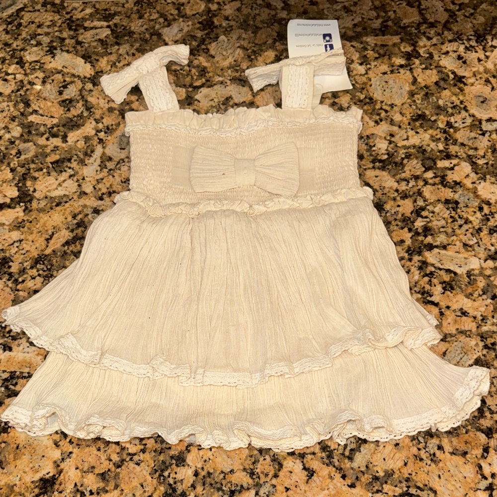 Cream Ruffled bow Baby Dress oh lala couture generous linen feel dress